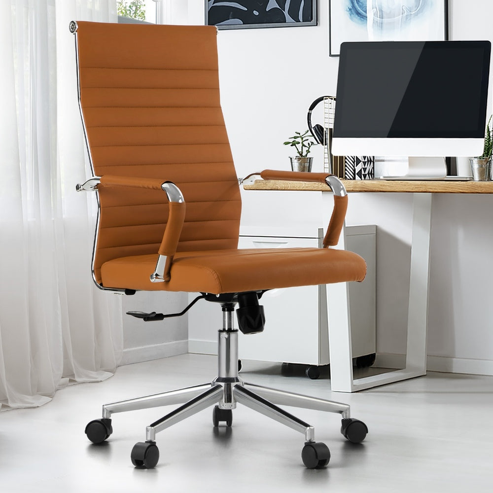 Oikiture Office Chair Swivel Desk Chair High Back Leather Brown-Office Chair-PEROZ Accessories