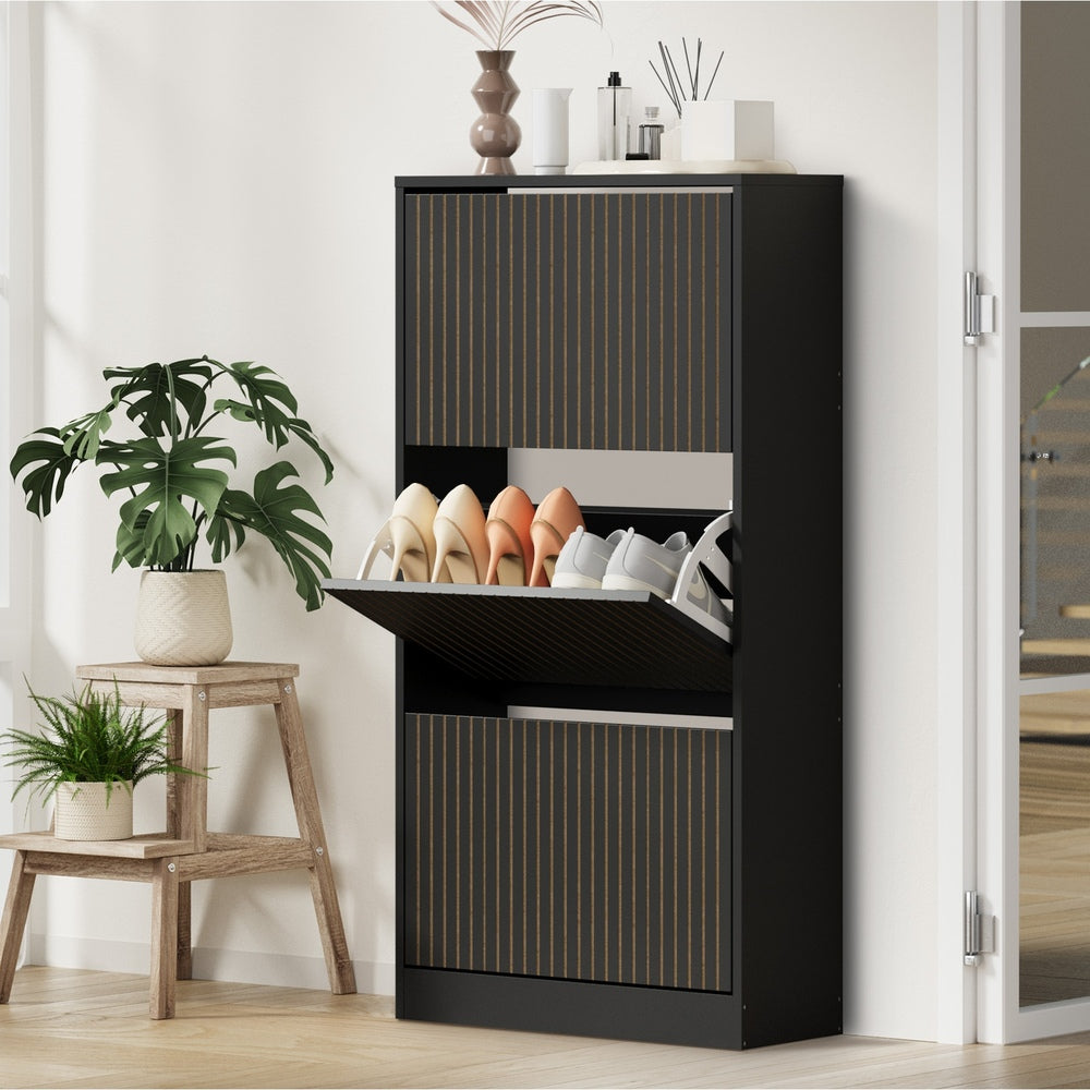 Oikiture Shoe Rack Storage Cabinet 3 Compartments Black-Shoe Storage Cabinet-PEROZ Accessories