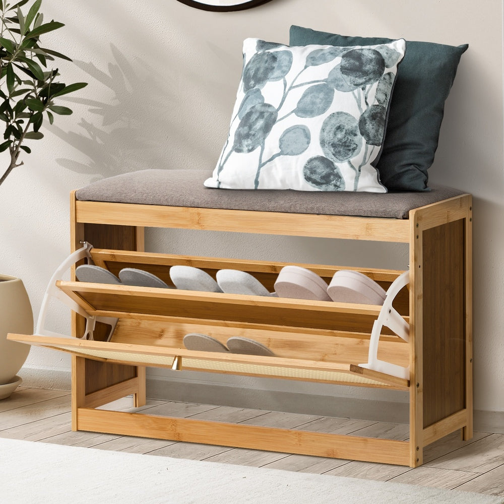 Oikiture Shoe Storage Bench Bamboo Organiser Shelf with Seat 70cm-Shoe Bench-PEROZ Accessories