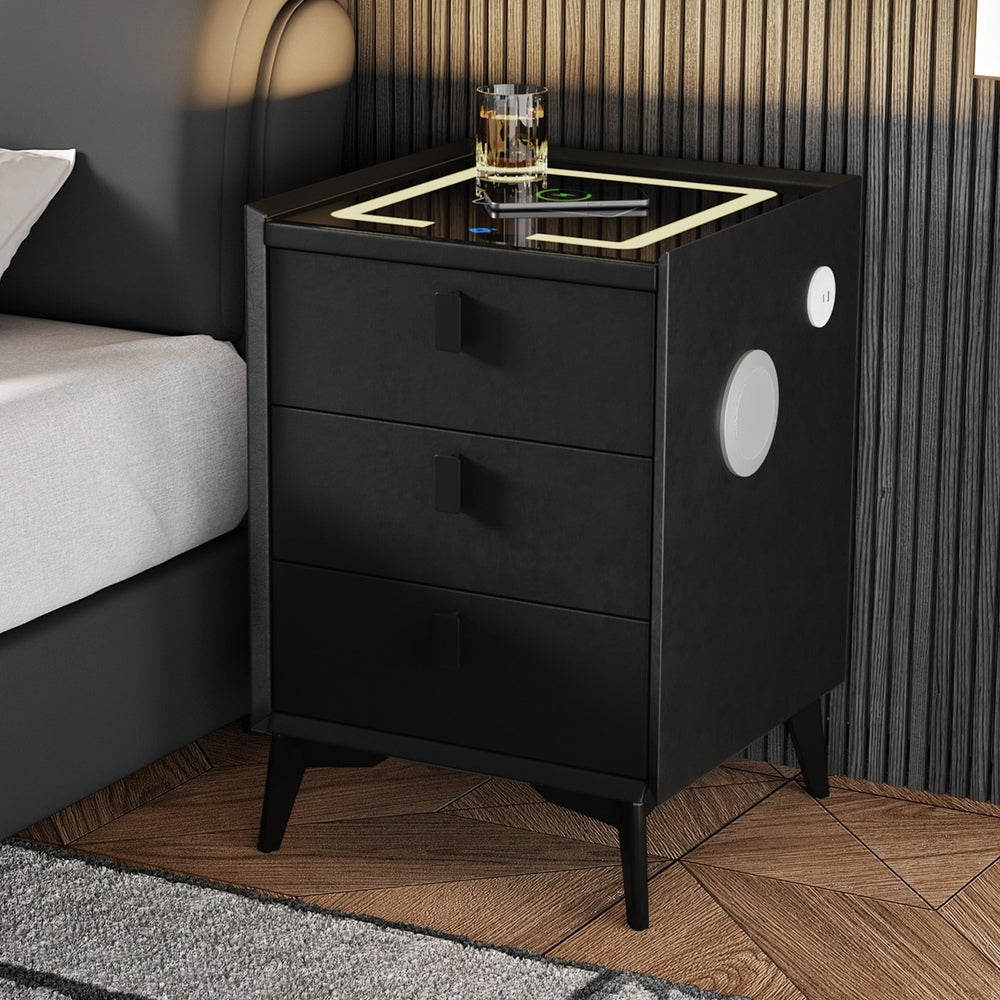 Oikiture Smart Bedside Table Wireless Charging LED Lights 3 Drawers Black-Bedside Tables-PEROZ Accessories