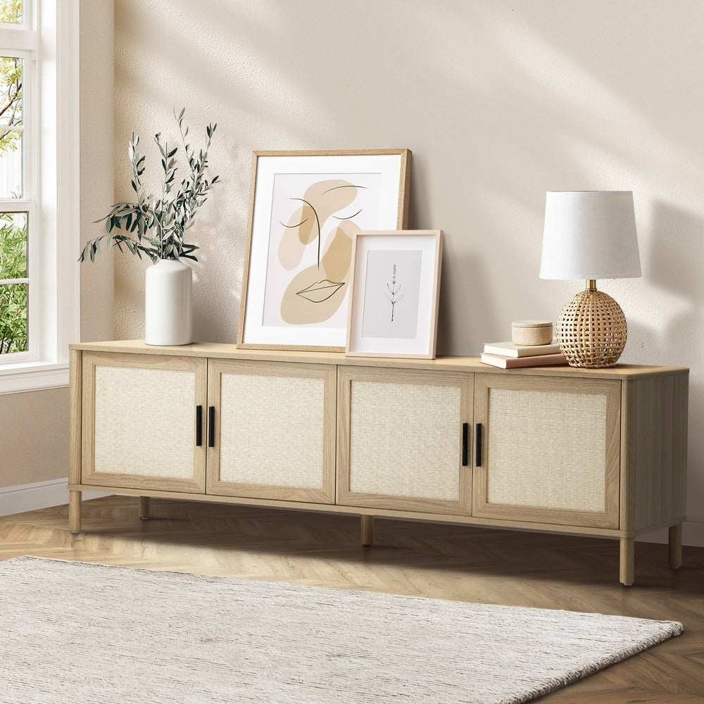 Oikiture TV Cabinet Entertainment Unit Stand 160cm Rattan Doors Natural-Entertainment Units-PEROZ Accessories