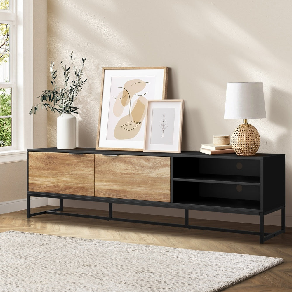 Oikiture TV Stand Cabinet Entertainment Unit 180cm Black & Natural-Entertainment Unit-PEROZ Accessories