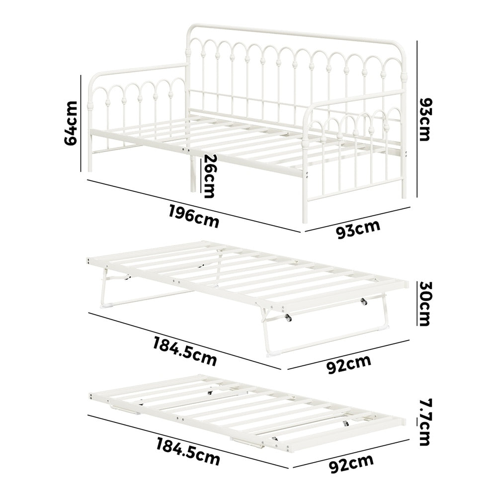 Oikiture Trundle Bed Frame Daybed Single Size Base Metal Beige-Metal Bed Frame-PEROZ Accessories