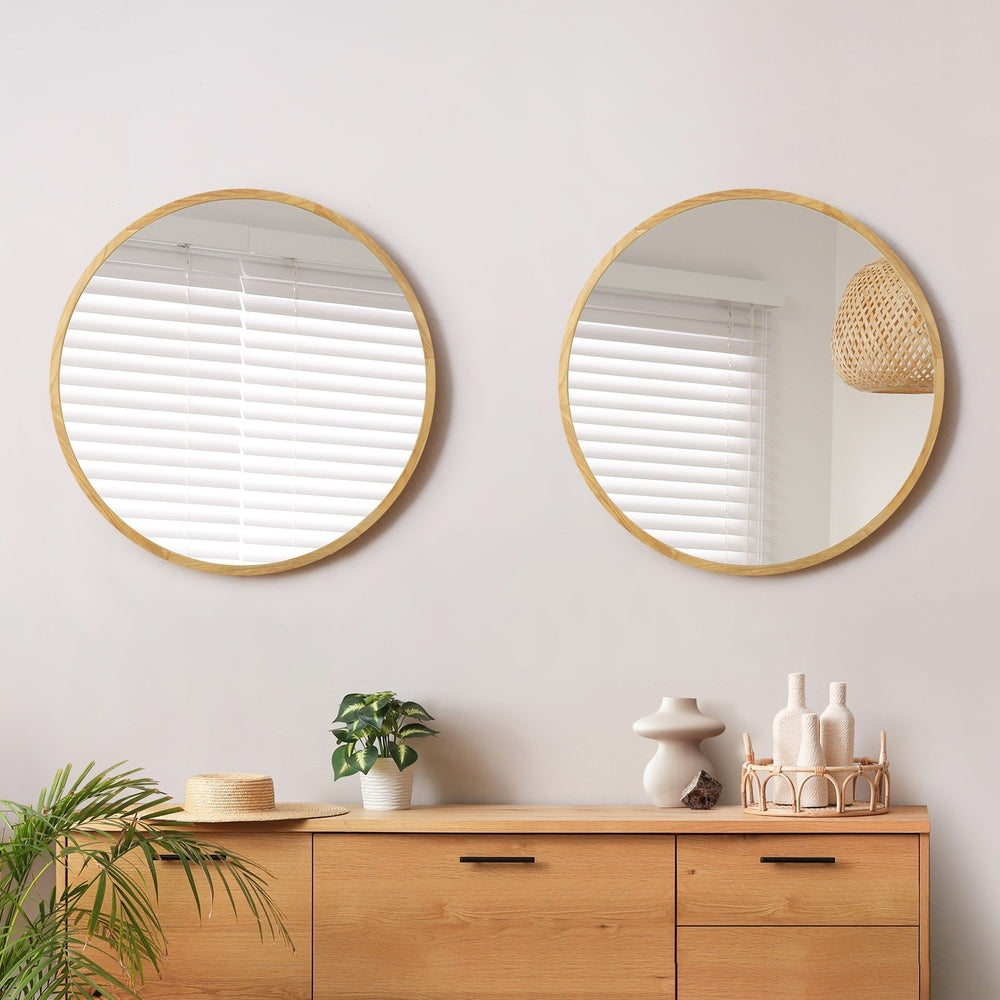 Oikiture Wall Mirrors Round 90cm Wooden Set of 2-Wall Mirror-PEROZ Accessories