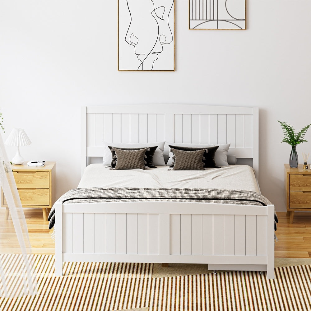 Oikiture Wooden Bed Frame Queen Size with Trundle Drawers White-Wooden Bed Frames-PEROZ Accessories