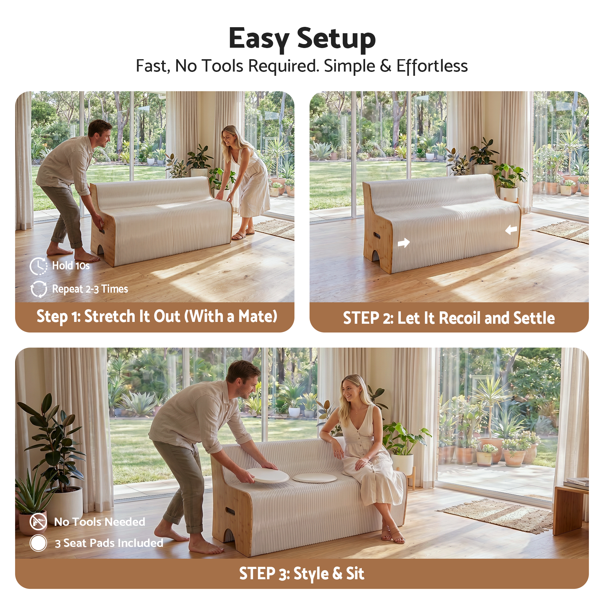 Artiss Folding Kraft Paper Sofa 3 Seater Accordion Bench with PU Leather Cushion Collapsible Couch 300kg Capacity 150x59x63cm-Furniture > Sofas > Sofas & Sofa Beds-PEROZ Accessories