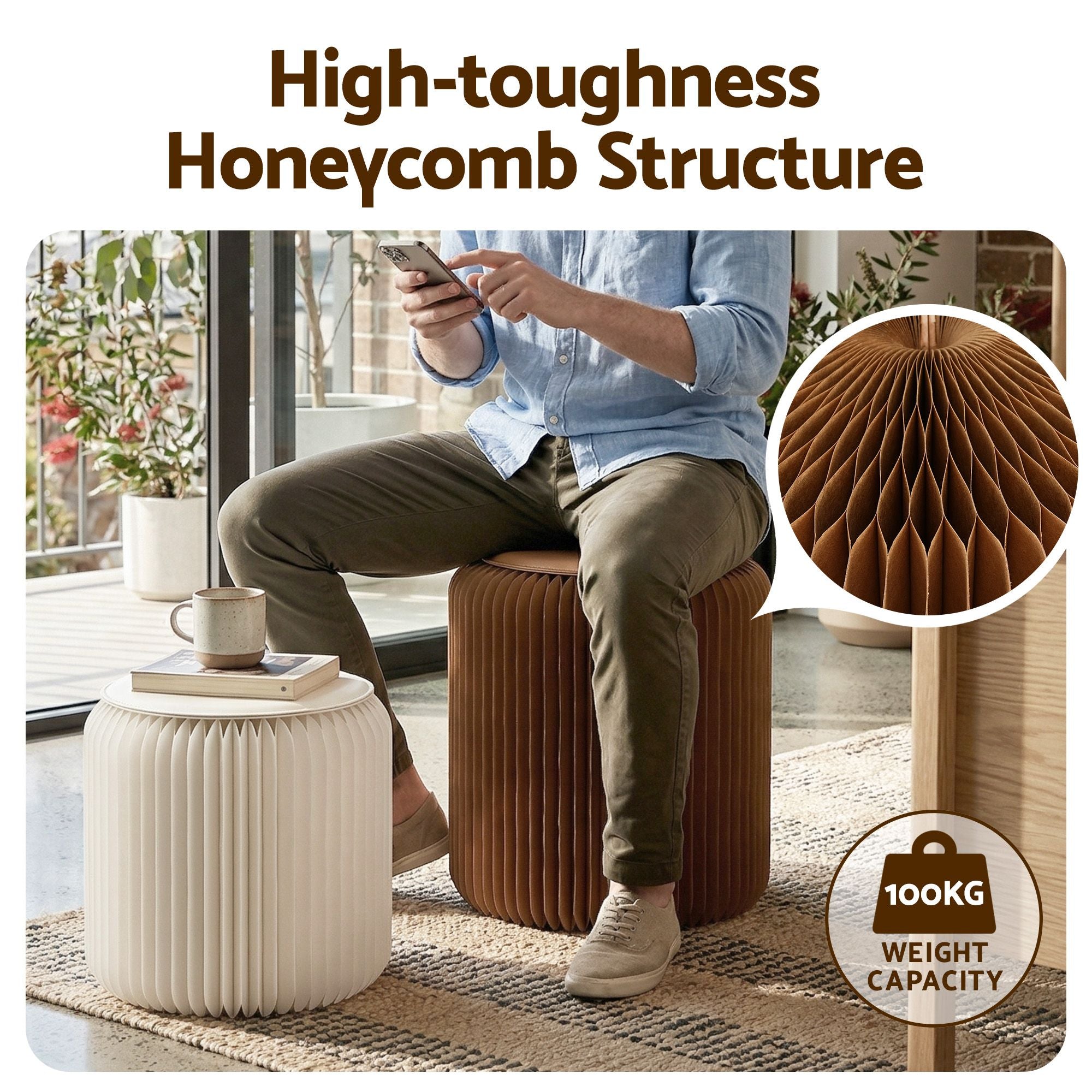 Artiss Accordion Folding Paper Stools Set Includes 2 Cushions Natural Kraft 100KG Capacity-Furniture > Living Room > Ottomans & Footstools-PEROZ Accessories
