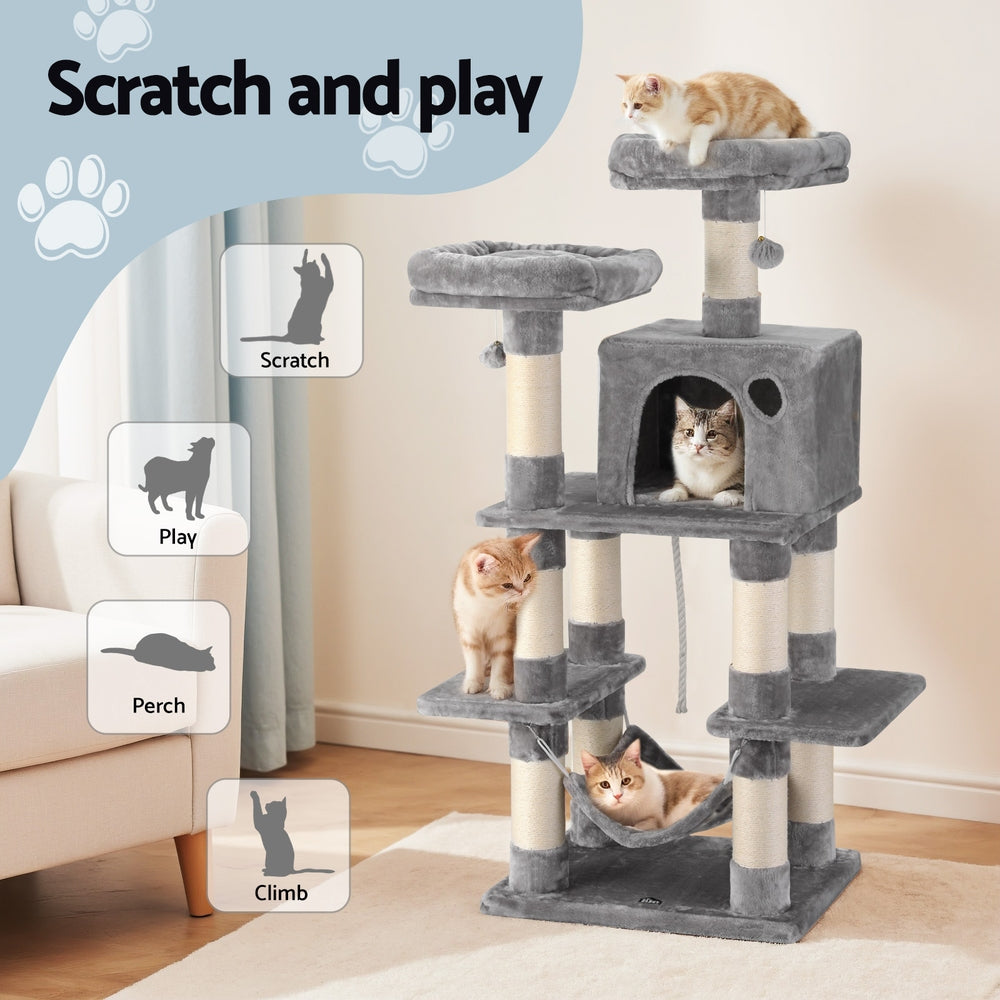 i.Pet Cat Tree 145cm Tower Scratching Post Trees Scratcher Condo House Light Grey-Pet Care > Cat Supplies > Cat Scratchers-PEROZ Accessories