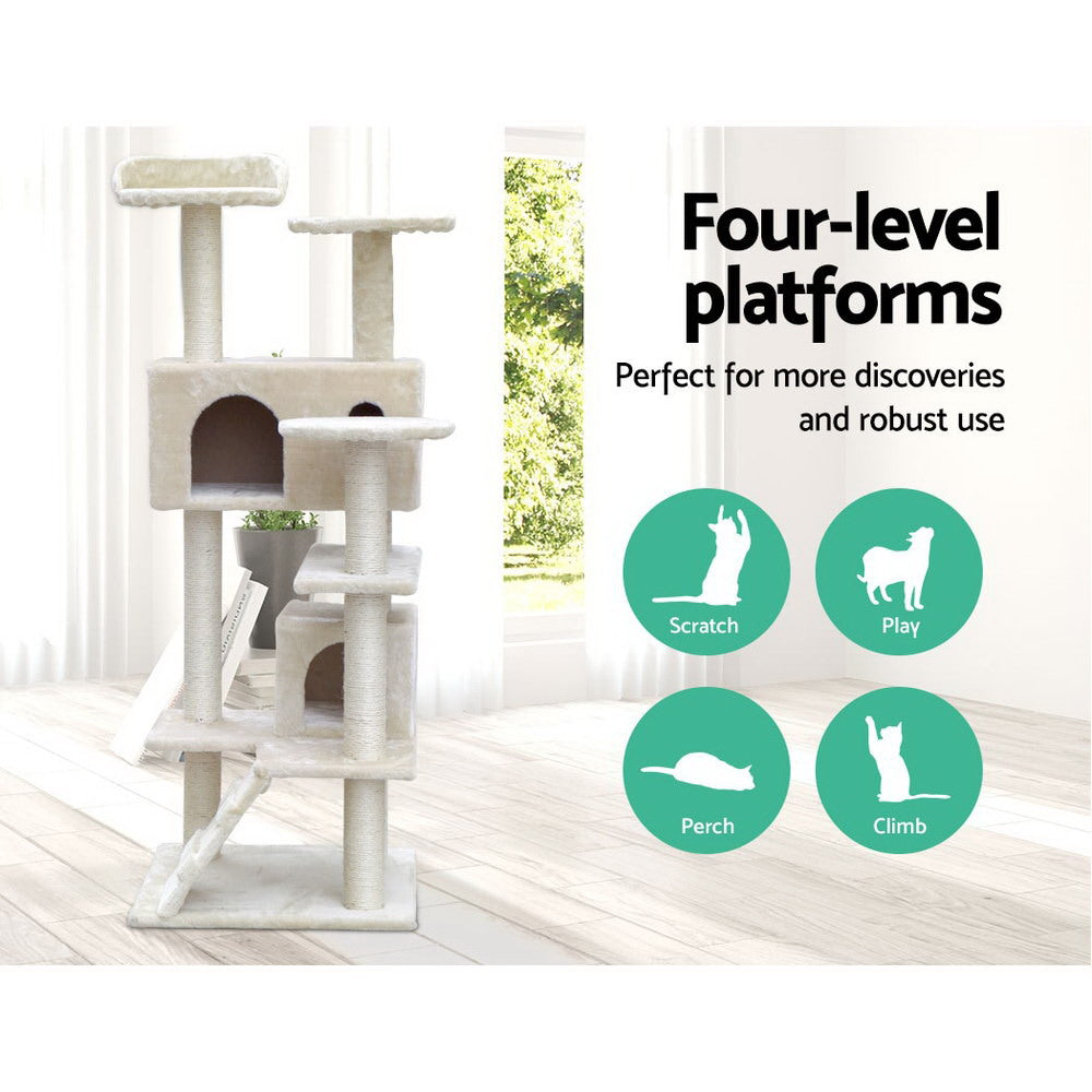 i.Pet Cat Tree 134cm Tower Scratching Post Scratcher Wood Condo House Bed Beige-Cat Trees-PEROZ Accessories