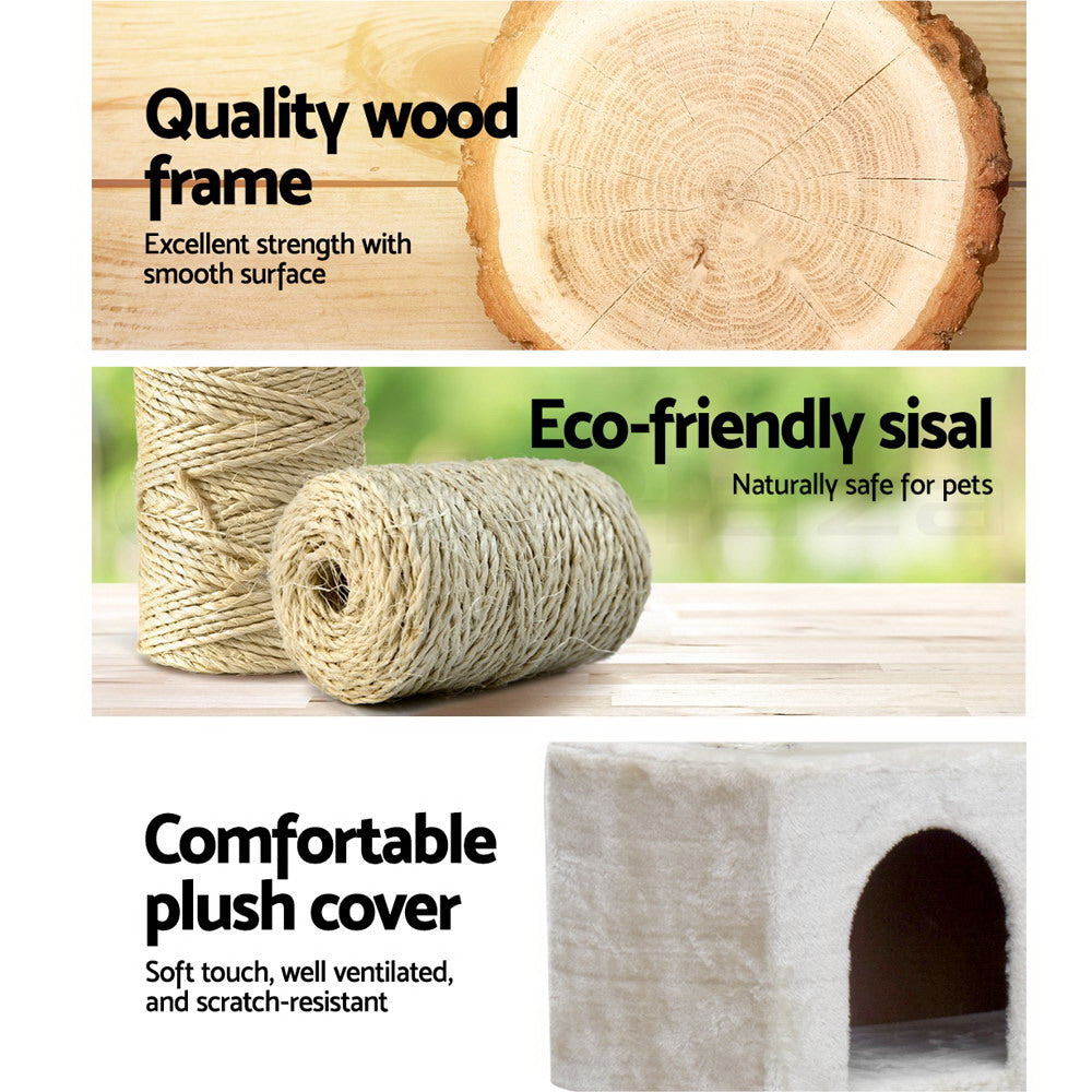 i.Pet Cat Tree 134cm Tower Scratching Post Scratcher Wood Condo House Bed Beige-Cat Trees-PEROZ Accessories