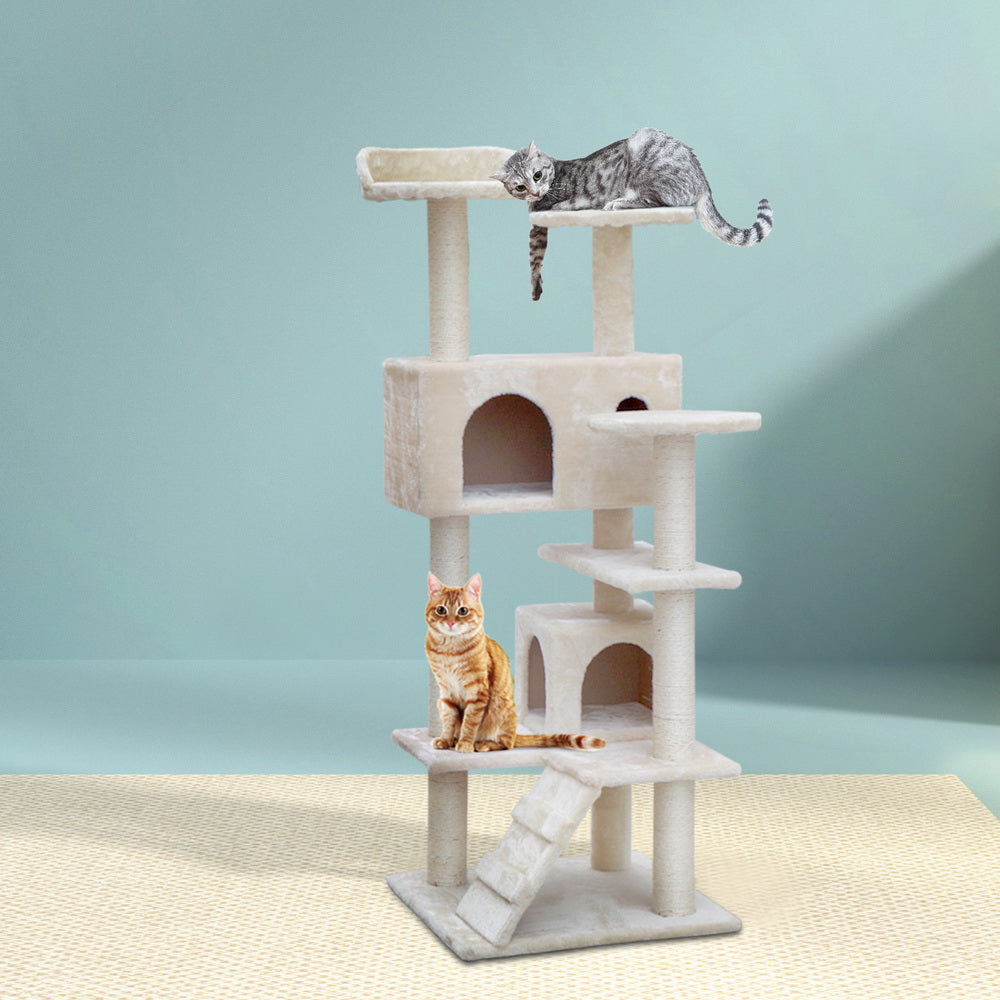 i.Pet Cat Tree 134cm Tower Scratching Post Scratcher Wood Condo House Bed Beige-Cat Trees-PEROZ Accessories