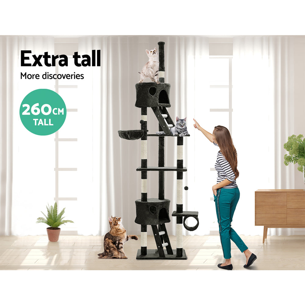 i.Pet Cat Tree 260cm Tower Scratching Post Scratcher Condo House Trees Grey-Cat Trees-PEROZ Accessories