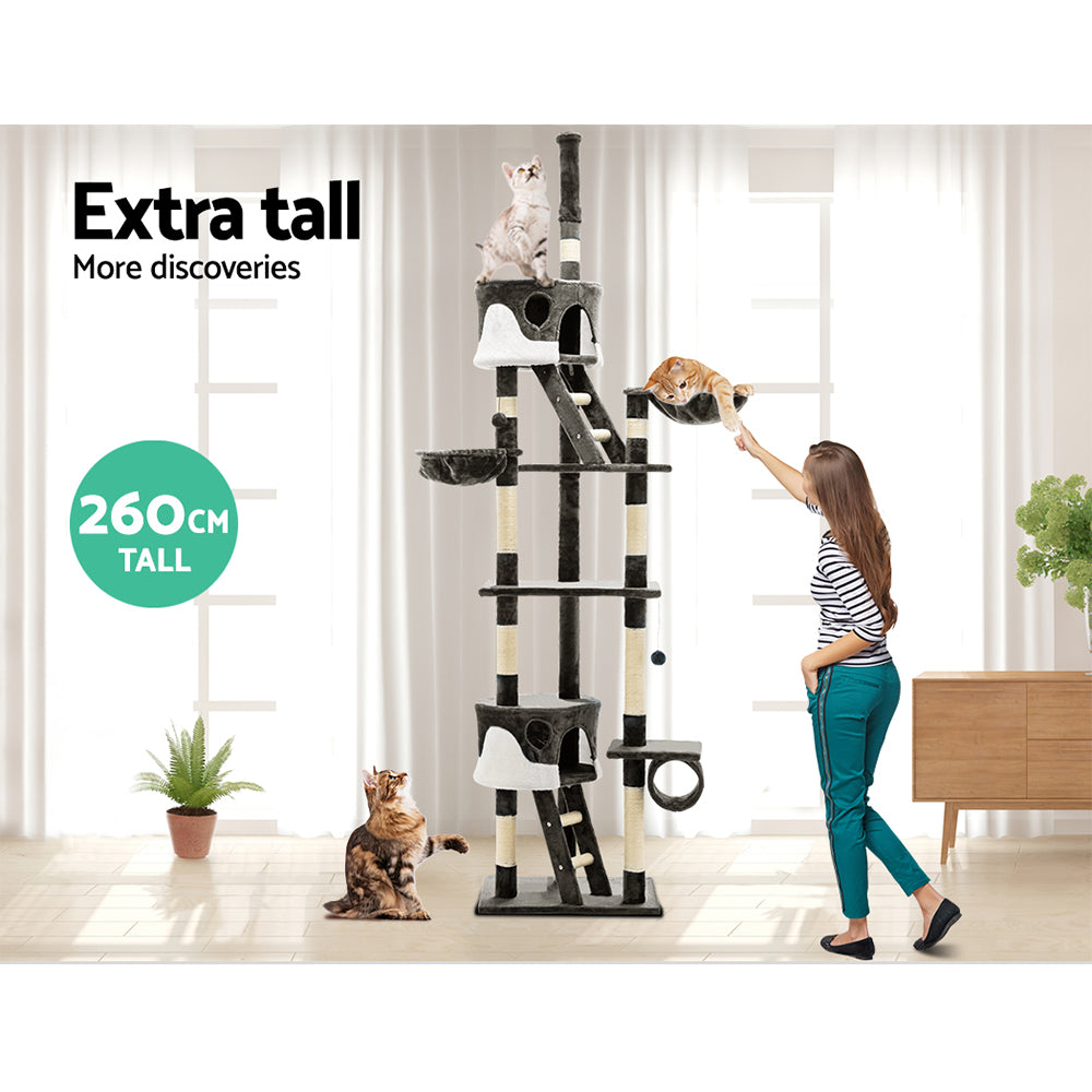 i.Pet Cat Tree 260cm Tower Scratching Post Scratcher Condo House Trees Grey-Cat Trees-PEROZ Accessories
