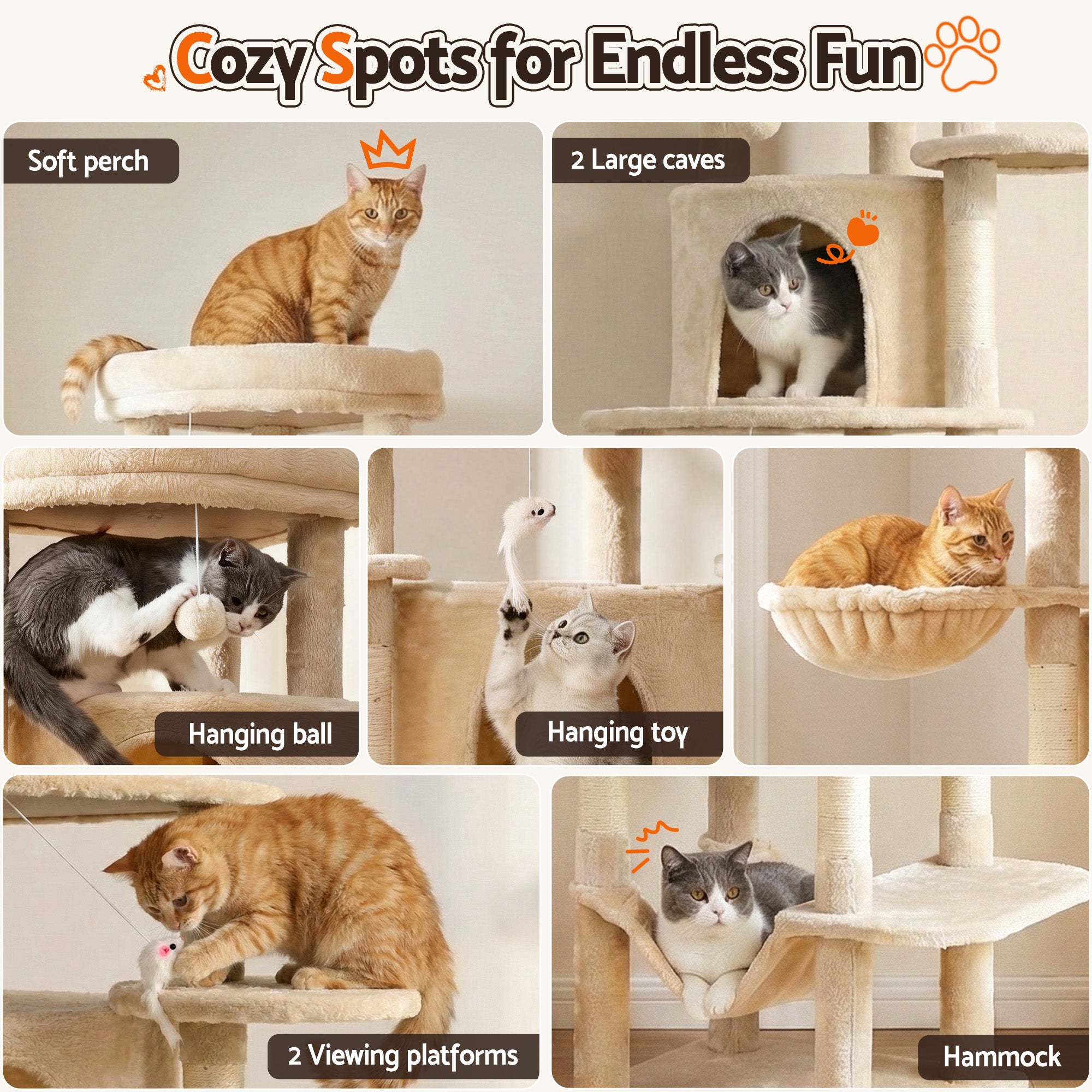 i.Pet Cat Tree Tower 167cm Large Scratching Post Furniture Scratcher House Beige-Pet Care > Cat Supplies > Cat Scratchers-PEROZ Accessories