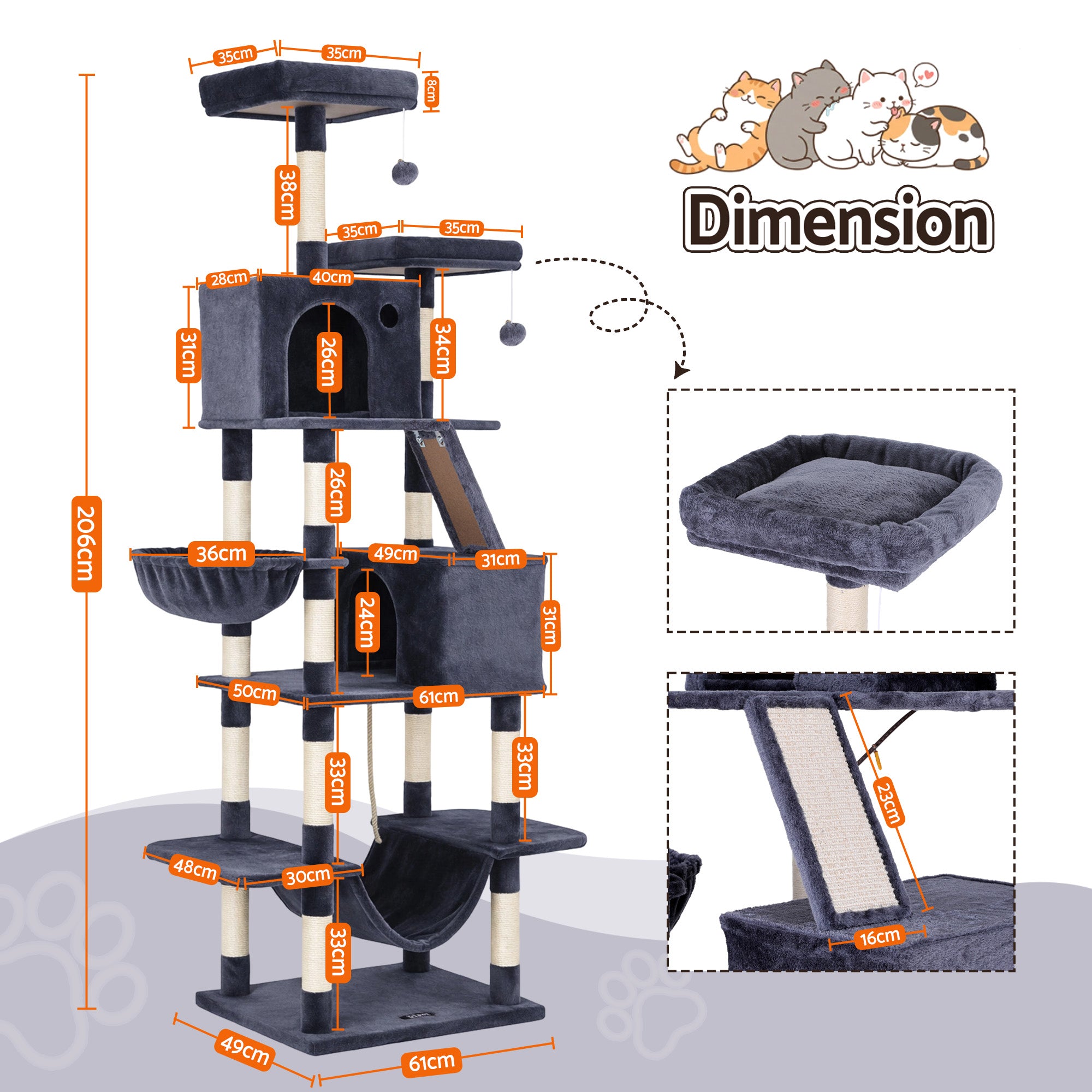 i.Pet Cat Tree Tower 206cm Large Scratching Post Furniture Scratcher House Grey-Pet Care > Cat Supplies > Cat Scratchers-PEROZ Accessories