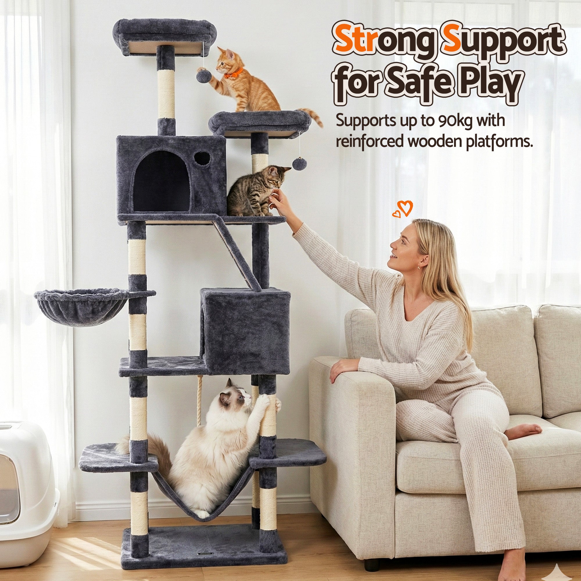 i.Pet Cat Tree Tower 206cm Large Scratching Post Furniture Scratcher House Grey-Pet Care > Cat Supplies > Cat Scratchers-PEROZ Accessories