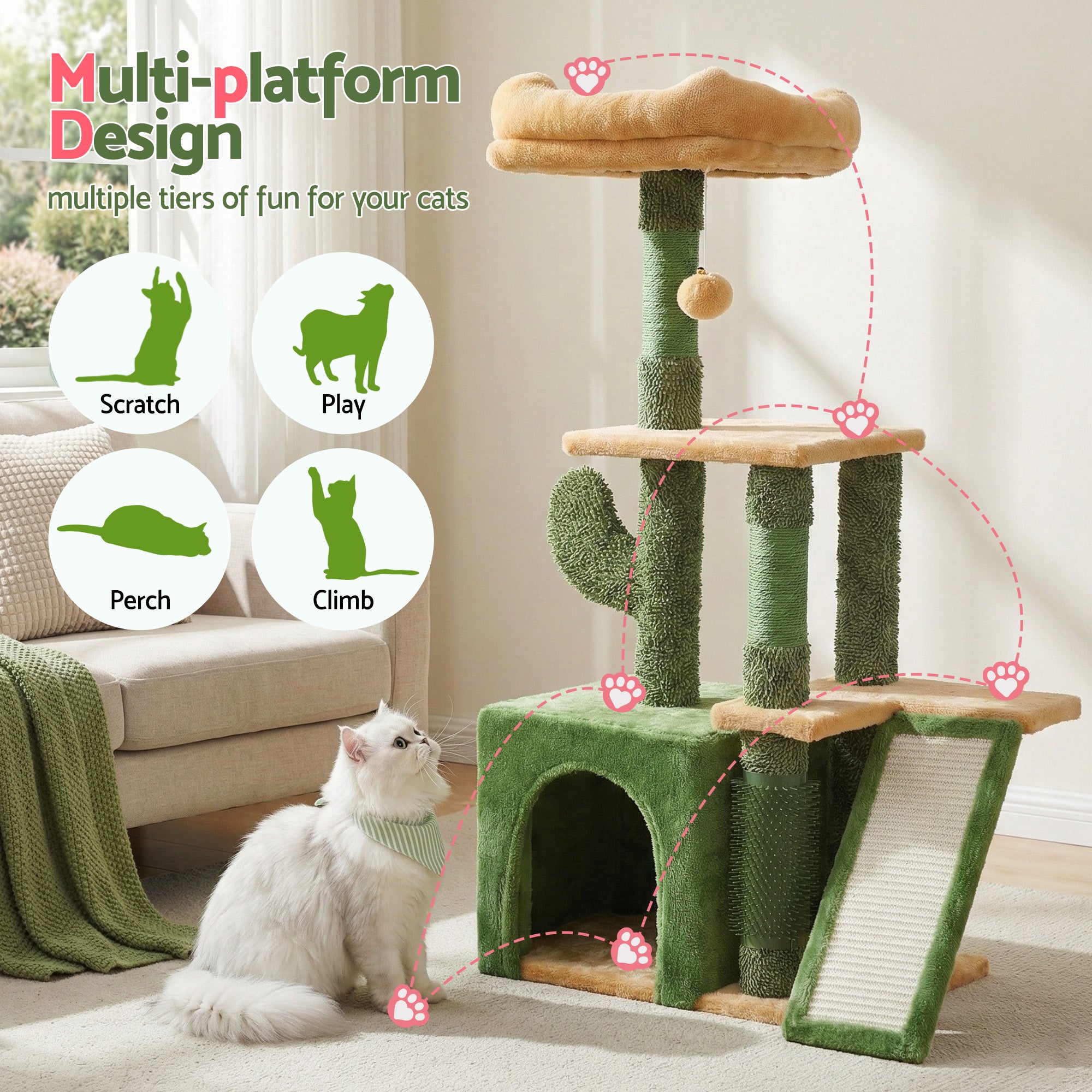 i.Pet Cat Tree Tower 101cm Scratching Post Furniture Scratcher House Green-Pet Care > Cat Supplies > Cat Scratching Posts-PEROZ Accessories