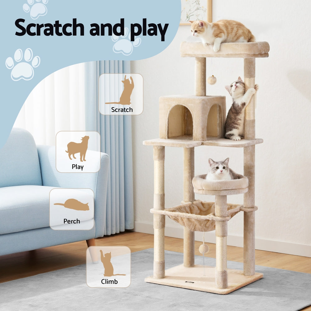i.Pet Cat Tree 143cm Tower Scratching Post Trees Scratcher Condo House Beige-Pet Care > Cat Supplies > Cat Scratchers-PEROZ Accessories