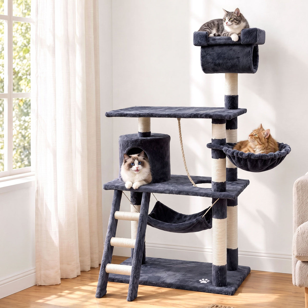 i.Pet Cat Tree 141cm Tower Scratching Post Scratcher Condo Wood House Bed Grey