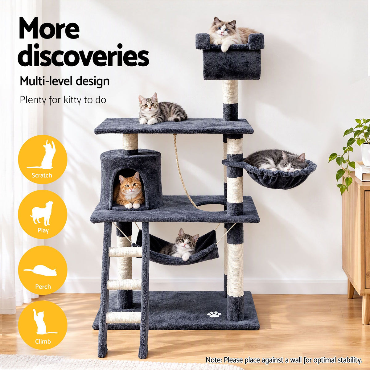 i.Pet Cat Tree 141cm Tower Scratching Post Scratcher Condo Wood House Bed Grey