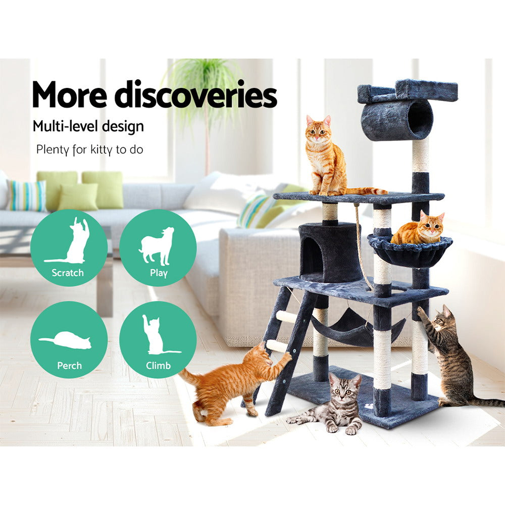 i.Pet Cat Tree 141cm Tower Scratching Post Scratcher Condo Wood House Bed Grey-Cat Trees-PEROZ Accessories