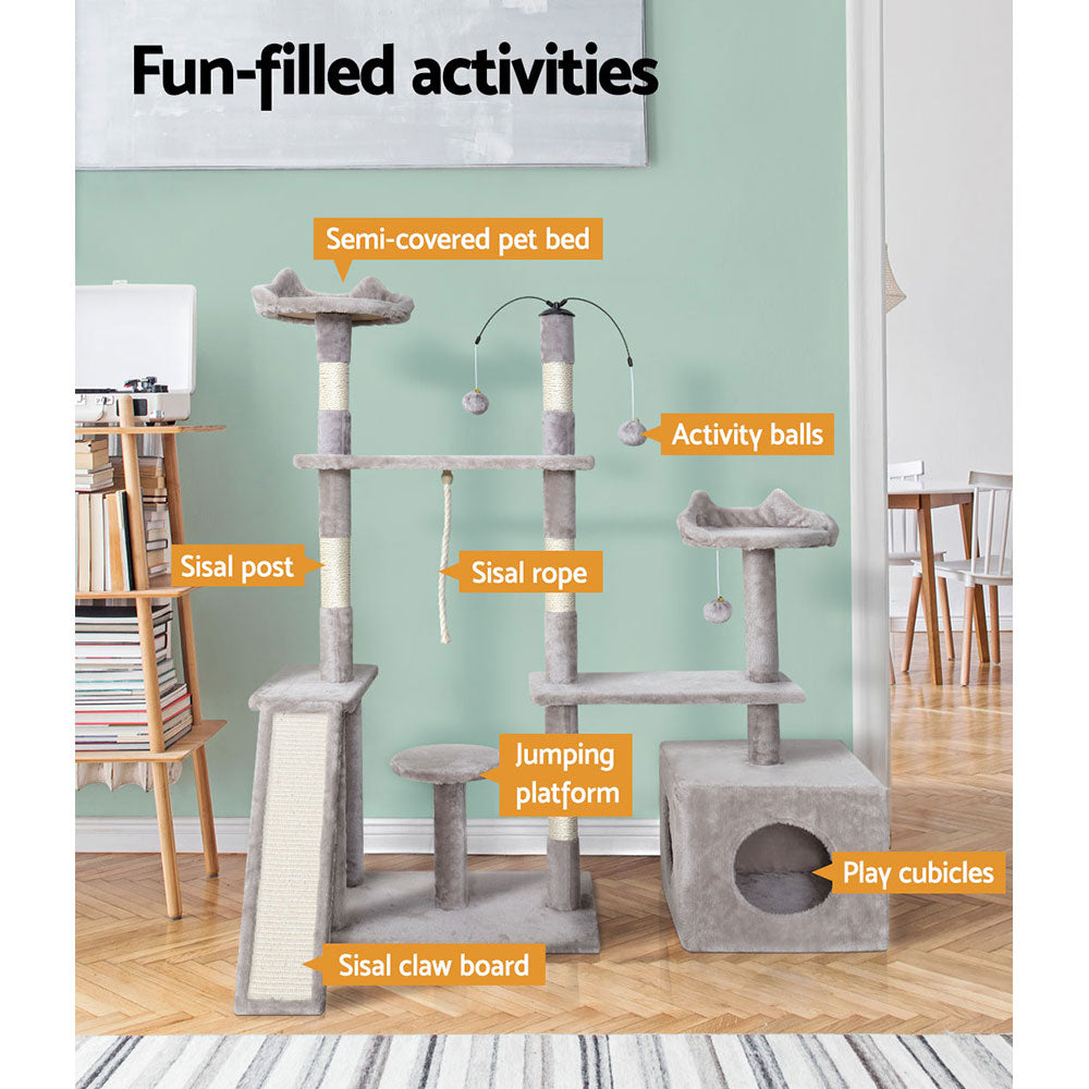 i.Pet Cat Tree 135cm Tower Scratching Post Scratcher Wood Condo House Toys Grey-Cat Trees-PEROZ Accessories