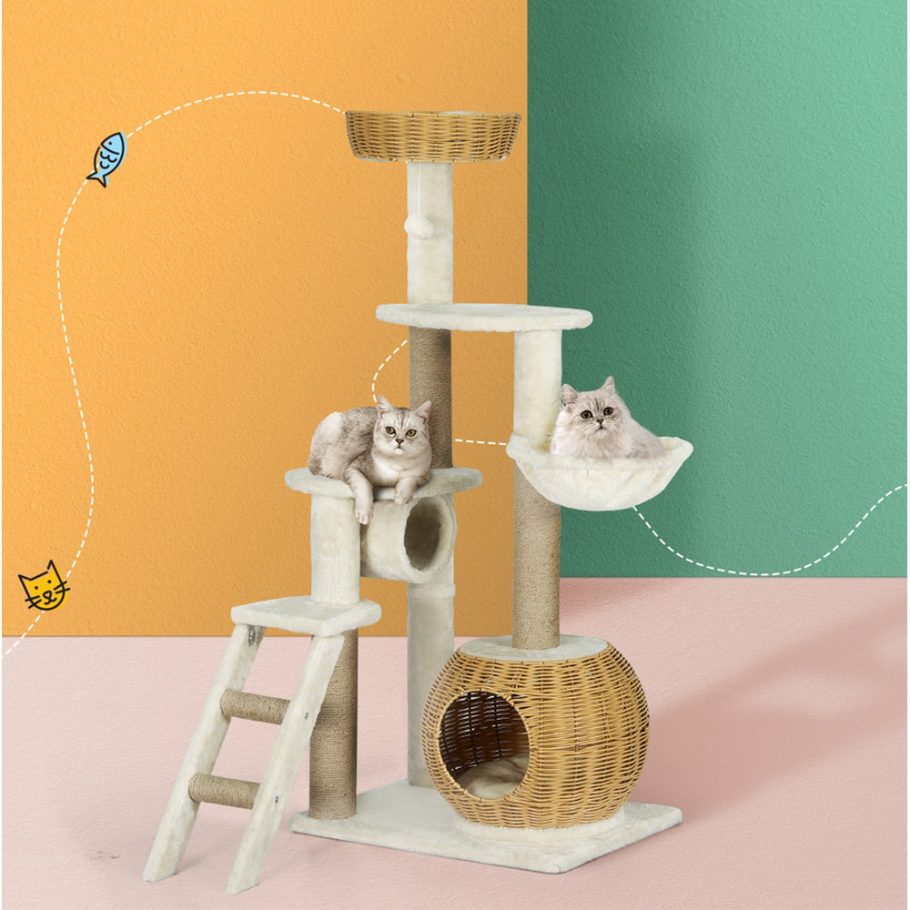 i.Pet Cat Tree 138cm Tower Scratching Post Scratcher Wood Bed Condo House Rattan Ladder-Pet Care > Cat Supplies > Cat Scratching Posts-PEROZ Accessories