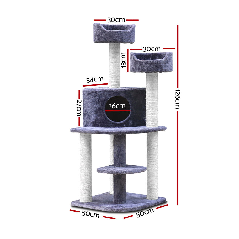 i.Pet Cat Tree 126cm Tower Scratching Post Scratcher Condo Trees House Grey-Cat Trees-PEROZ Accessories