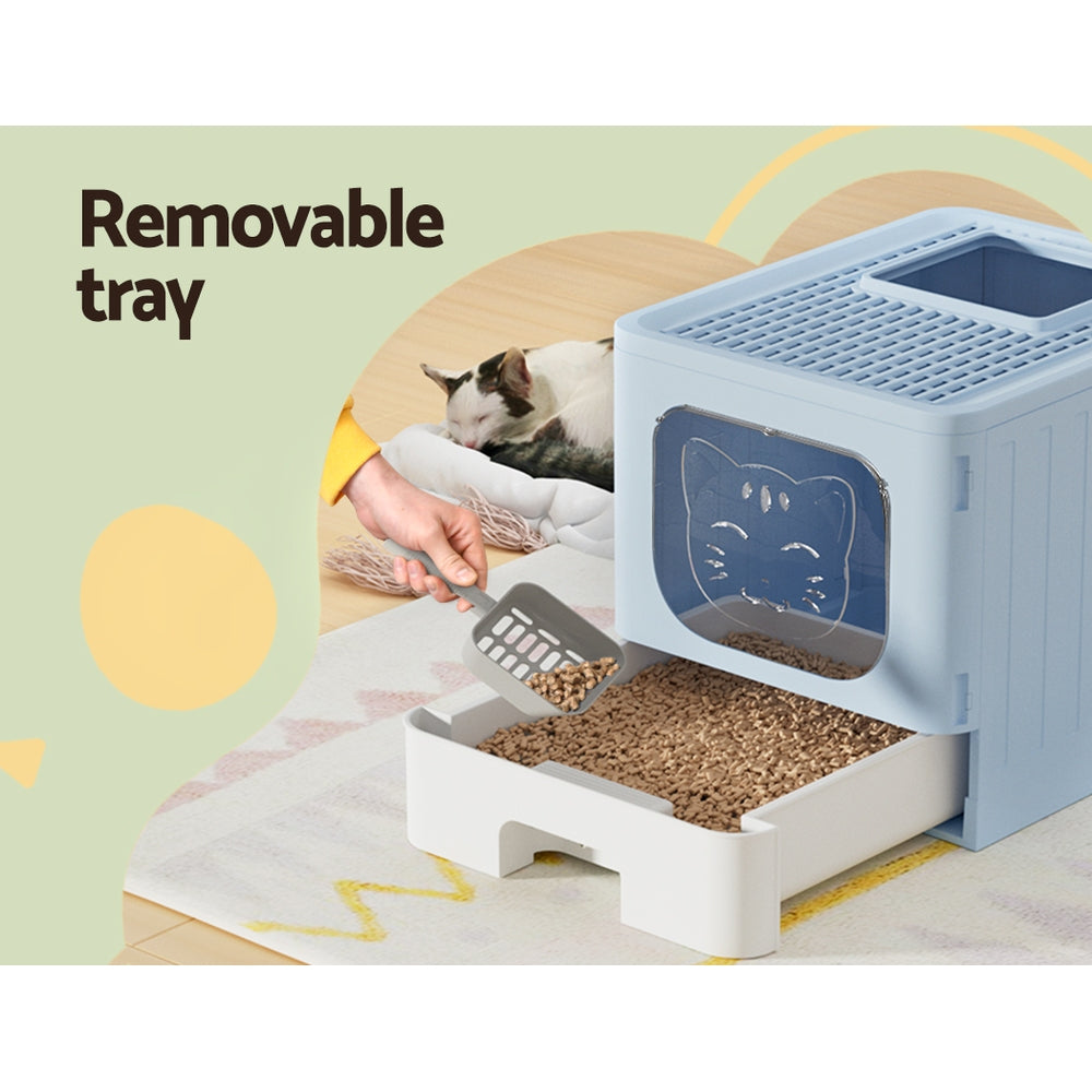 i.Pet Cat Litter Box Large Tray Kitty Toilet Enclosed Hooded Foldable Cat Litter Box Scoop Blue-Pet Care > Cat Supplies > Cat Litter-PEROZ Accessories