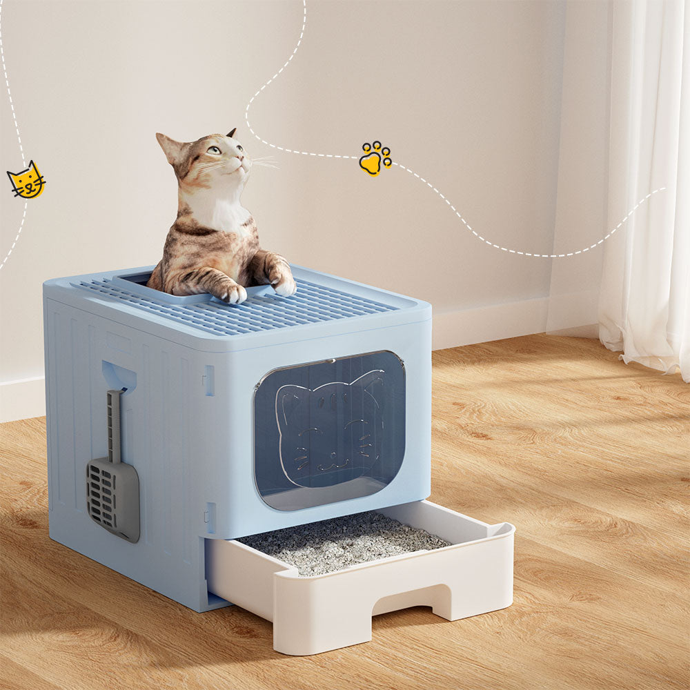 i.Pet Cat Litter Box Large Tray Kitty Toilet Enclosed Hooded Foldable Cat Litter Box Scoop Blue-Pet Care > Cat Supplies > Cat Litter-PEROZ Accessories