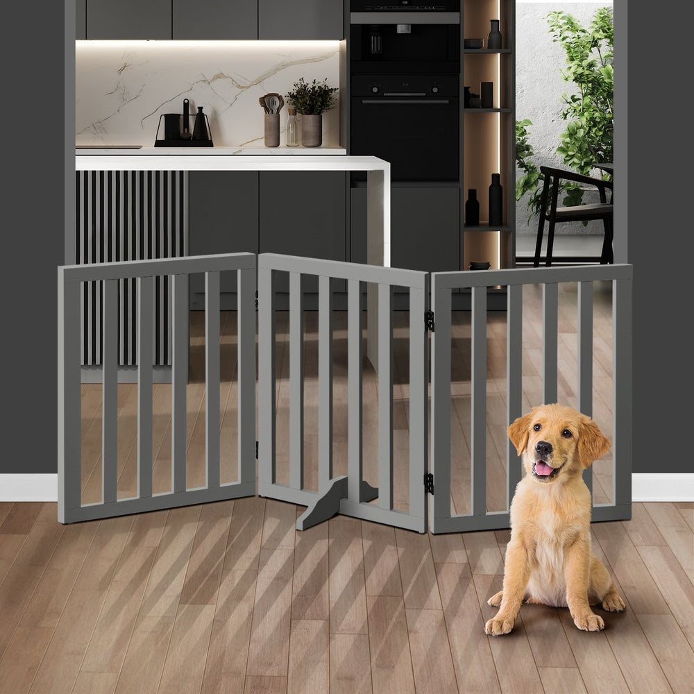 Alopet Wooden Pet Gate Safety Stair Barrier 3-Panel Grey-Pet Fence-PEROZ Accessories
