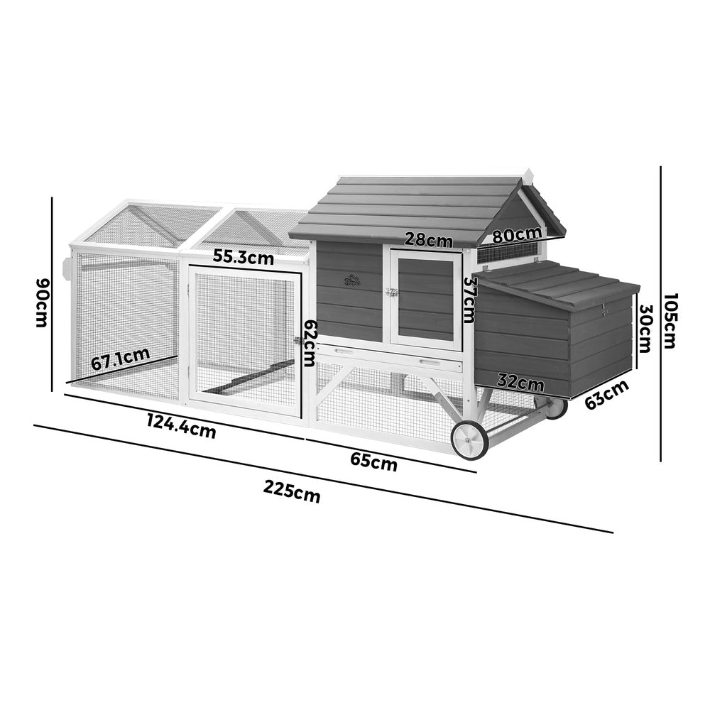 Alopet Rabbit Hutch wtih Wheels Chichen Coop 225 x 80 x 105cm-Wooden Hutch-PEROZ Accessories