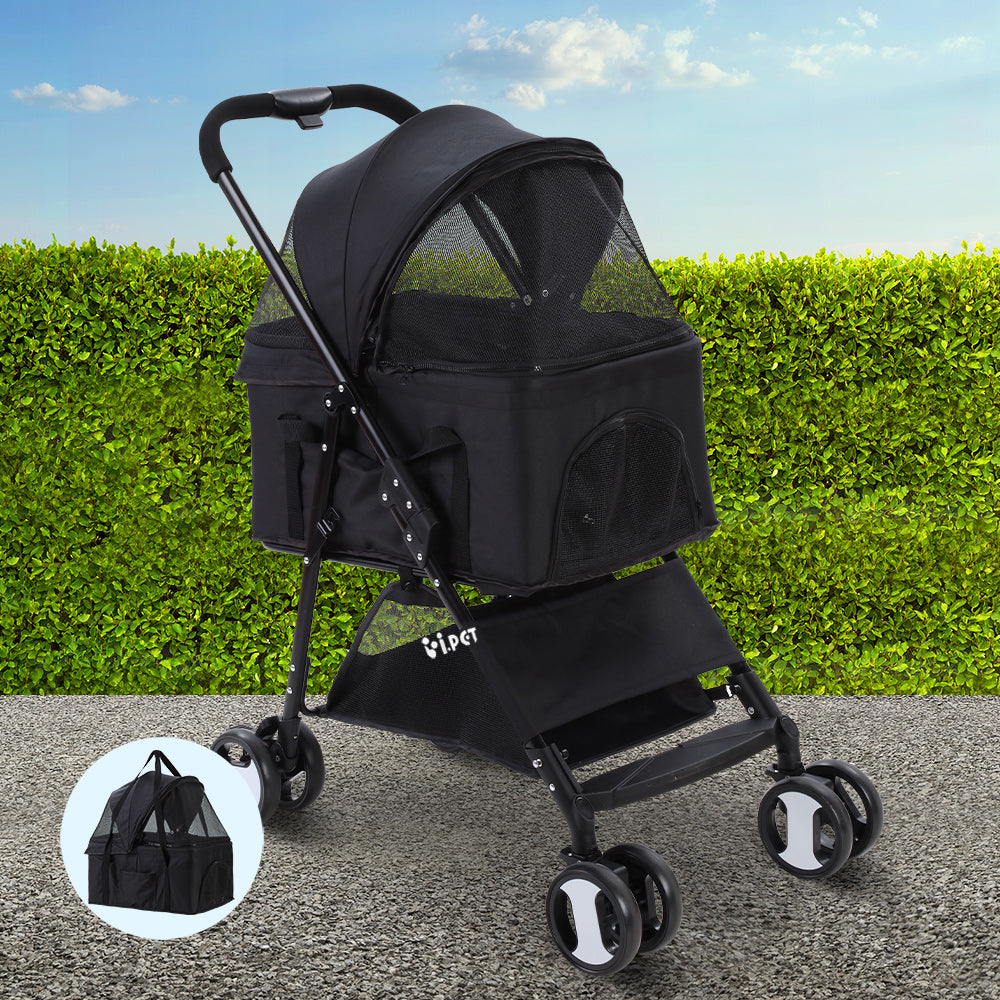 i.Pet Pet Stroller Dog Pram Cat Carrier Travel Large Pushchair Foldable 4 Wheels Black-Pet Care > Dog Supplies-PEROZ Accessories