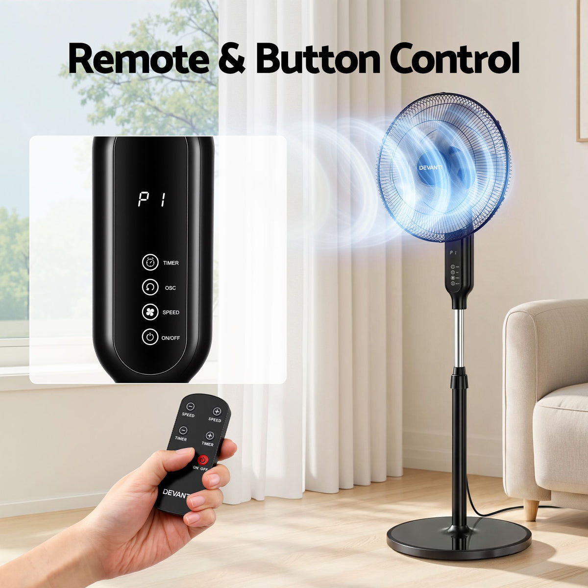 DEVANTI 16" Pedestal Fan with Remote 3 Speeds 8H Timer, Black-Appliances > Fans > Portable Fans-PEROZ Accessories