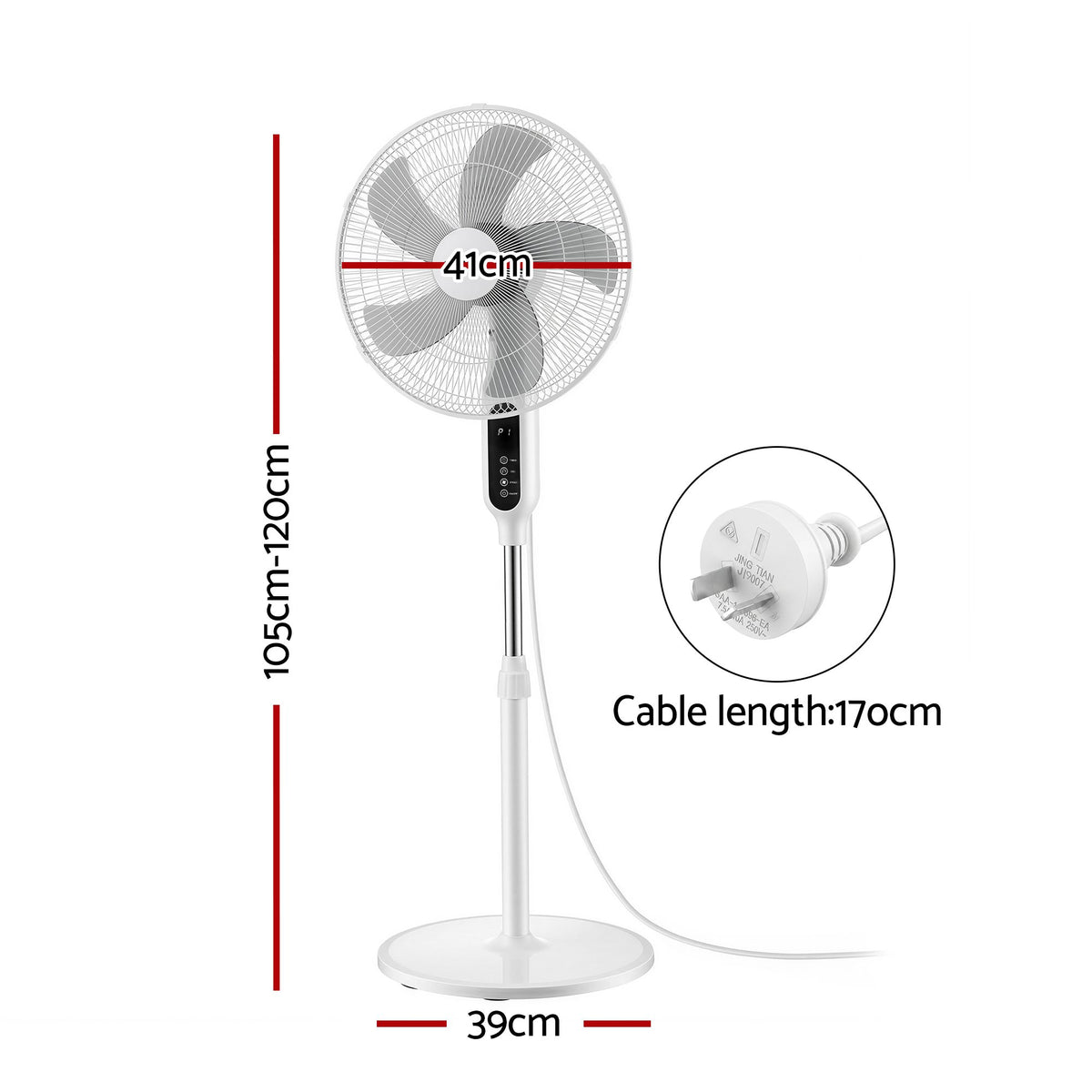 DEVANTI 16" Pedestal Fan with Remote 3 Speeds 8H Timer, White-Appliances > Fans > Portable Fans-PEROZ Accessories