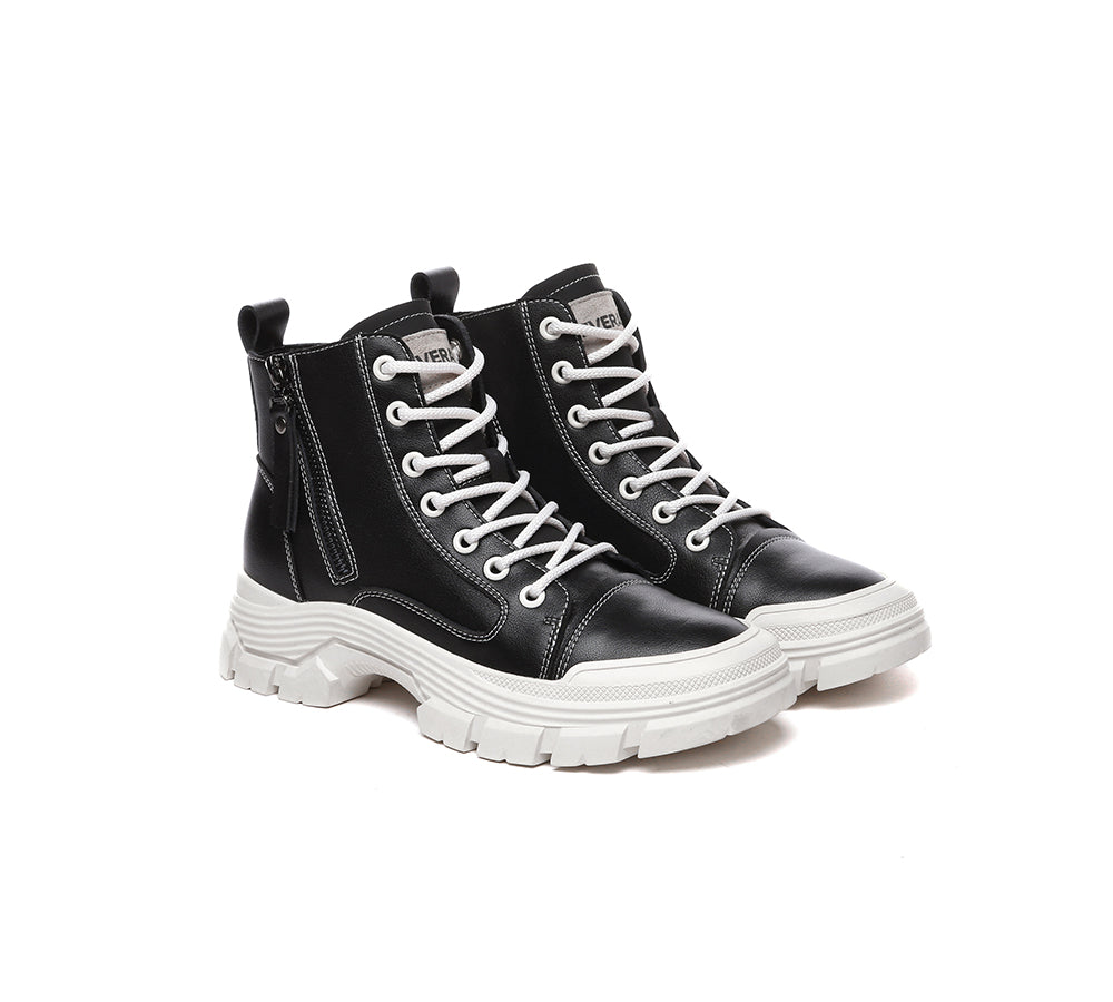 EVERAU® Women Leather Lace Up Zipper Chunky Boots Lorrin-PEROZ Accessories