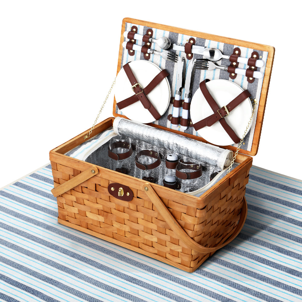 Alfresco 4 Person Picnic Basket Set Wooden Blanket Bag Insulated-Picnic Baskets-PEROZ Accessories