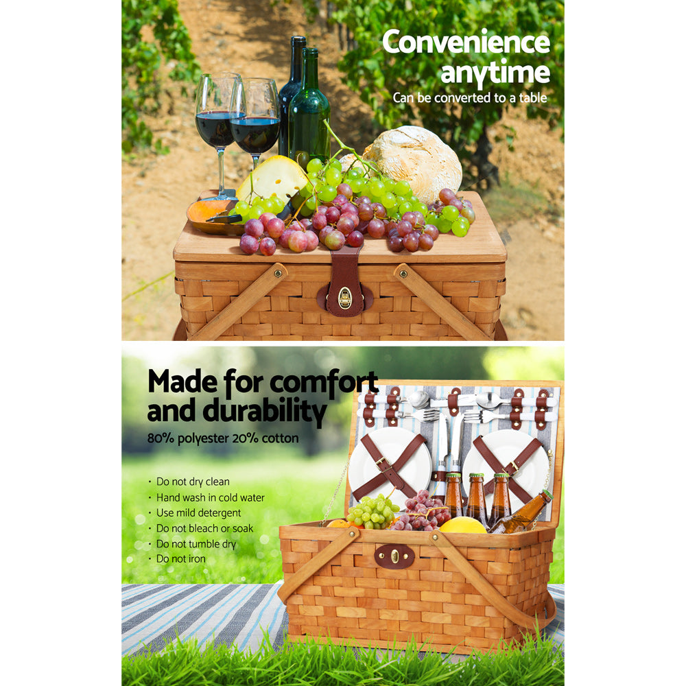 Alfresco 4 Person Picnic Basket Set Wooden Blanket Bag Insulated-Picnic Baskets-PEROZ Accessories