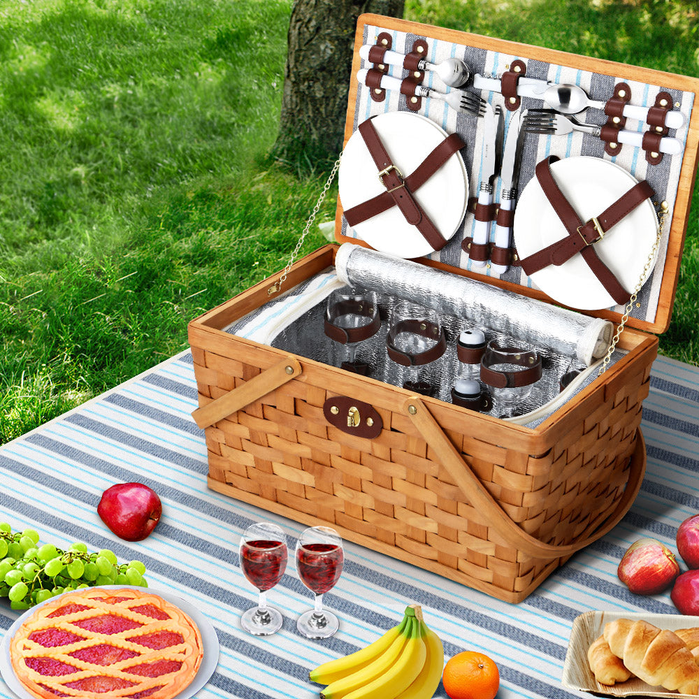 Alfresco 4 Person Picnic Basket Set Wooden Blanket Bag Insulated-Picnic Baskets-PEROZ Accessories