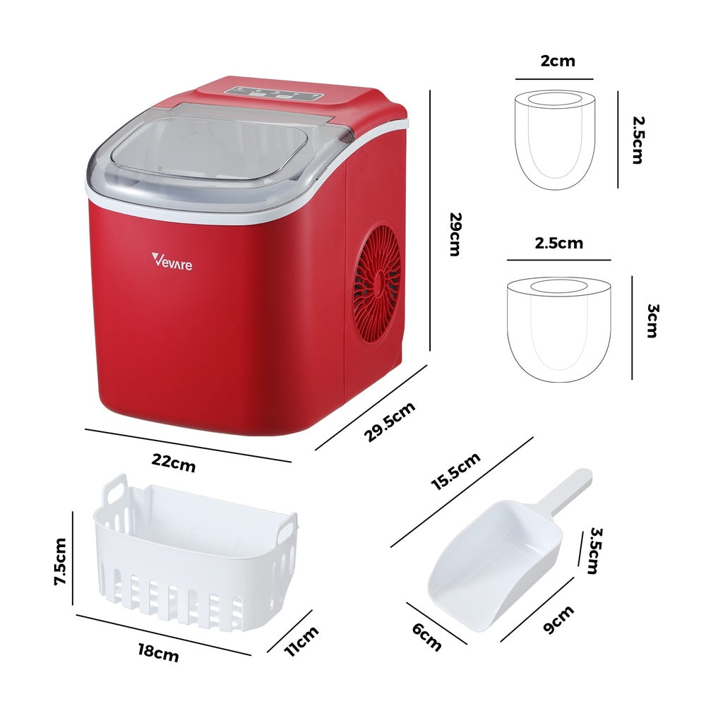 Vevare Portable Ice Maker Machine Ice Cube Tray 12kg Red-Ice Makers-PEROZ Accessories
