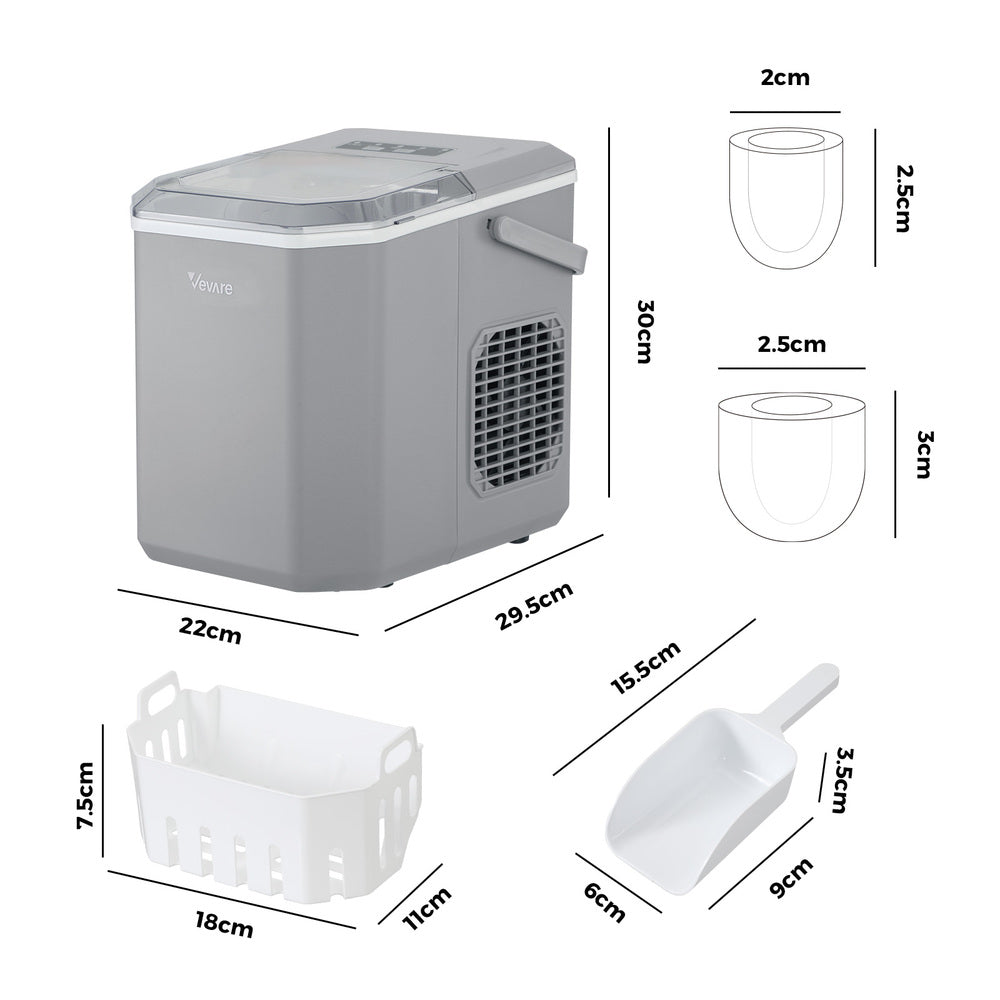 Vevare Portable Ice Maker Machine with Handle 12kg Grey-Ice Makers-PEROZ Accessories