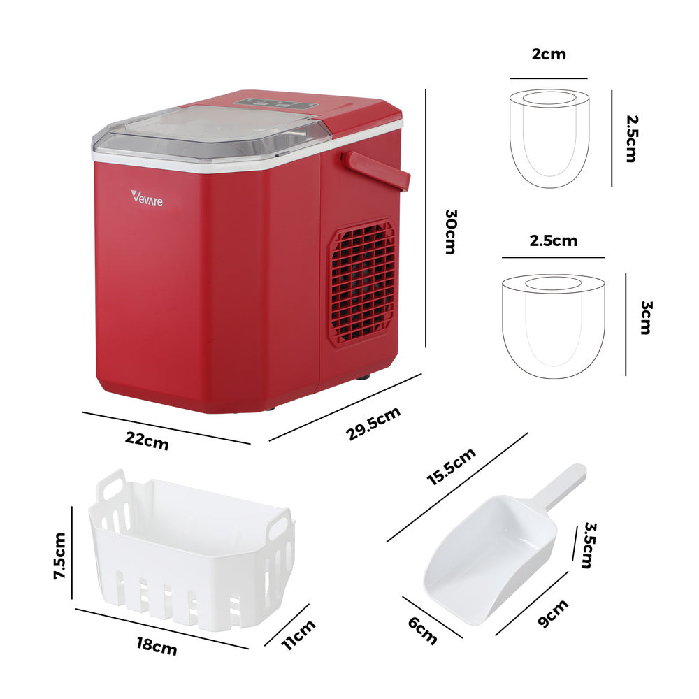 Vevare Portable Ice Maker Machine with Handle 12kg Red-Ice Makers-PEROZ Accessories