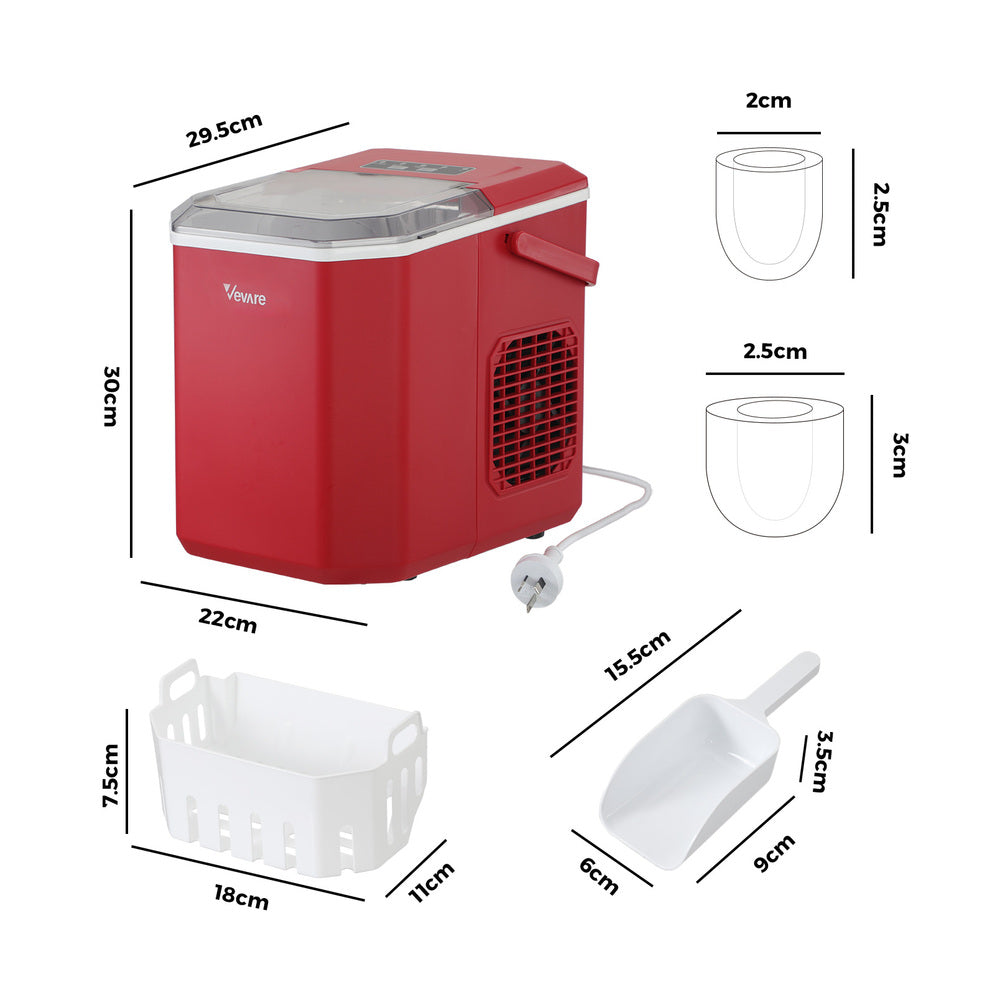 Vevare Portable Ice Maker Machine with Handle 12kg Red-Ice Makers-PEROZ Accessories