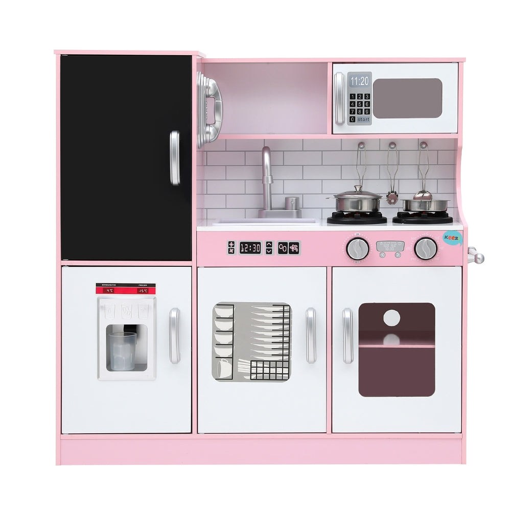 Keezi Kids Wooden Pretend Kitchen Play Set Cooking Toys Pot Ice Cup Oven Blackboard 80CM Pink-Baby & Kids > Baby & Kid&