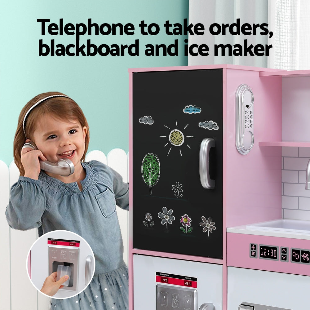 Keezi Kids Wooden Pretend Kitchen Play Set Cooking Toys Pot Ice Cup Oven Blackboard 80CM Pink-Baby & Kids > Baby & Kid&