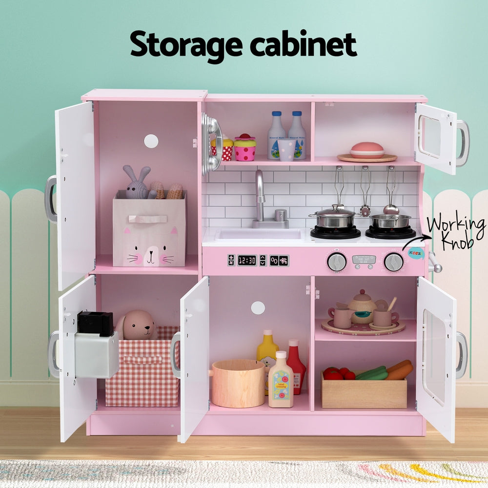 Keezi Kids Wooden Pretend Kitchen Play Set Cooking Toys Pot Ice Cup Oven Blackboard 80CM Pink-Baby & Kids > Baby & Kid&