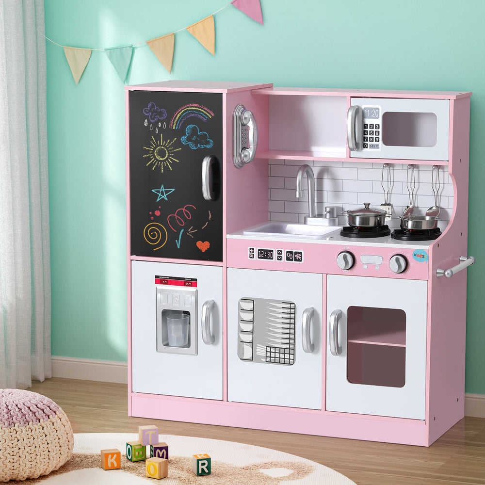 Keezi Kids Wooden Pretend Kitchen Play Set Cooking Toys Pot Ice Cup Oven Blackboard 80CM Pink-Baby & Kids > Baby & Kid&