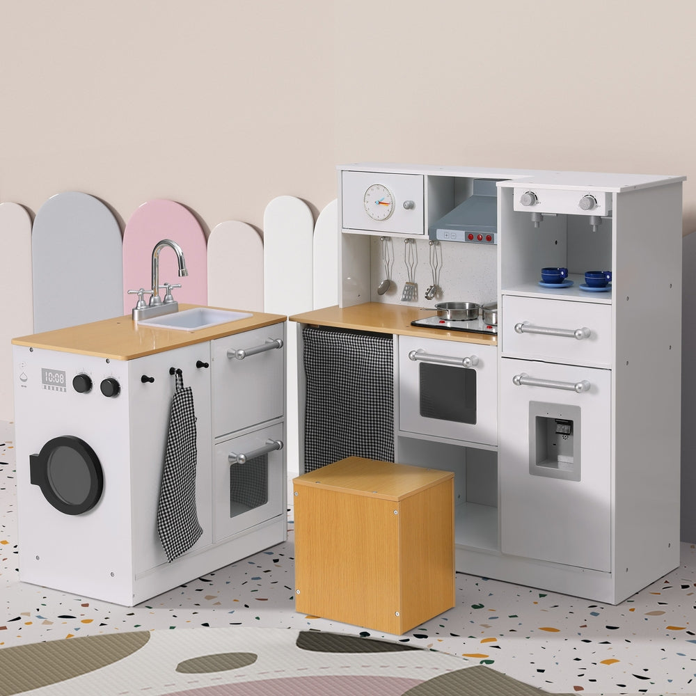 Keezi Kids Kitchen Playset 2-Piece Wooden Pretend Play Coffee Maker Toy 80CM White-Baby & Kids > Baby & Kid&