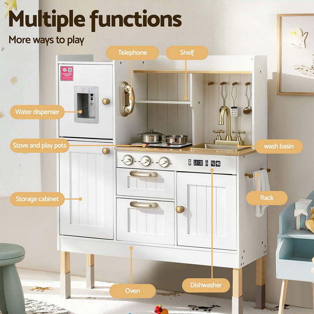 Keezi Kids Kitchen Play Set Wooden Pretend Toys Cooking Children Storage Golden-Baby & Kids > Baby & Kid&