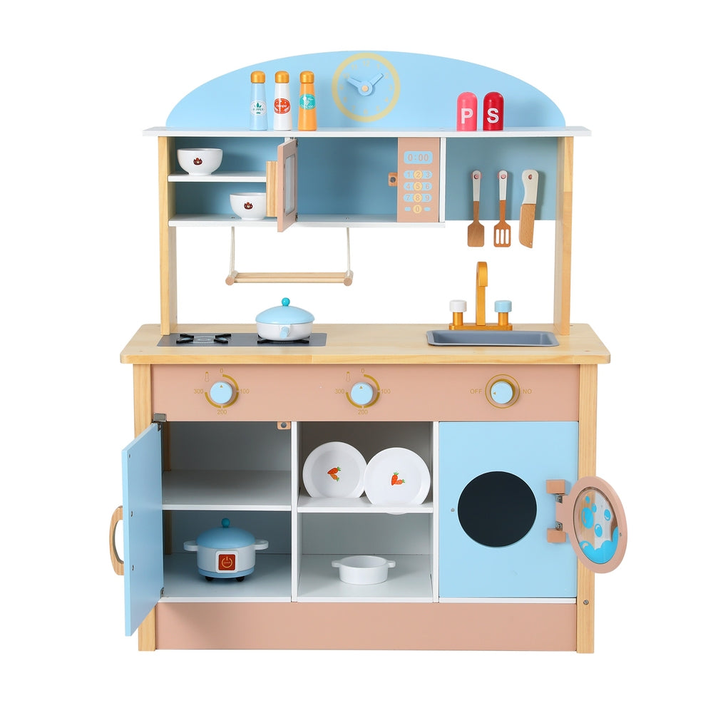 Keezi Kids Wooden Pretend Kitchen Play Sets Cooking Toys Pot Pan Bowls Oven Dishwasher 80CM Blue-Baby & Kids > Baby & Kid&